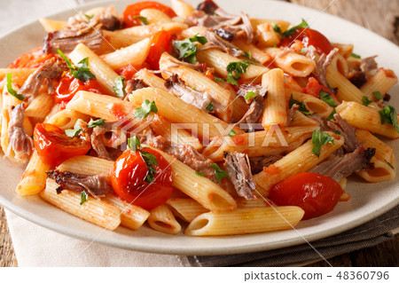 Spicy tasty penne pasta with grilled pulled pork Spicy tasty penne pasta with grilled pulled pork 48360796