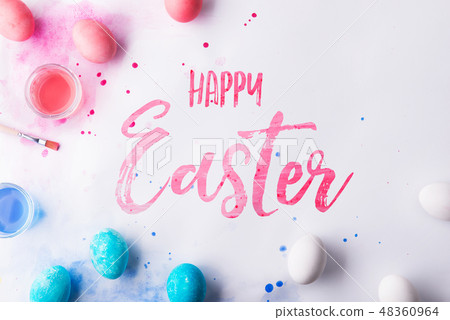 Happy Easter flat lay on a white background. Happy Easter flat lay on a white background. 48360964