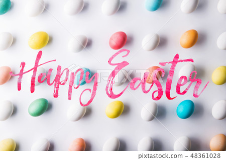 Happy Easter and flat lay on a white background. 48361028