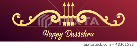 Creative golden text Happy Dussehra with gold bow and arrow. Horizontal web banner. Inscription Creative golden text Happy Dussehra with gold bow and arrow. Horizontal web banner. Inscription 48361558