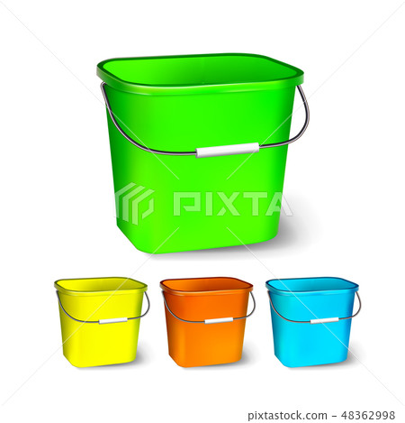 Square Plastic Bucket Vector. Bucketful Different Colors. Classic Jar With Handle, Empty. Garden 48362998