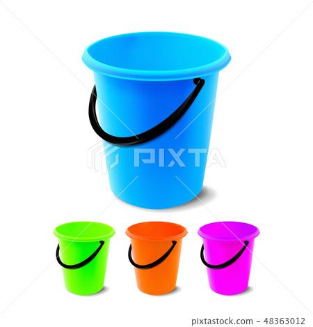 Plastic Bucket Vector. Bucketful Different Colors. Classic Jar With Handle, Empty. Garden, Household 48363012