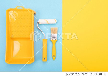 Paint tools. Paint brush and roller with tray for paint. Paint tools. Paint brush and roller with tray for paint. 48363082
