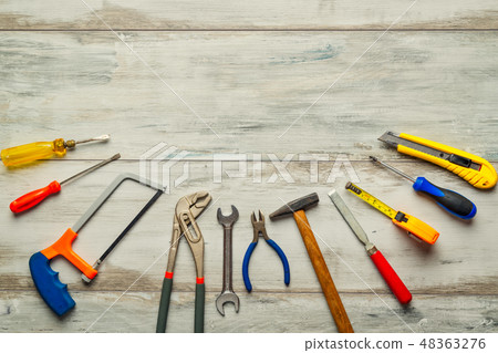 Set of work tool on gray wooden 48363276