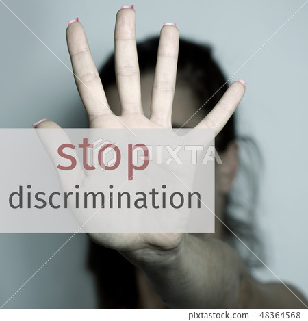 text stop discrimination and woman asking to stop text stop discrimination and woman asking to stop 48364568