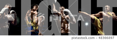 Thai boxer on boxing ring, kicking 48366897