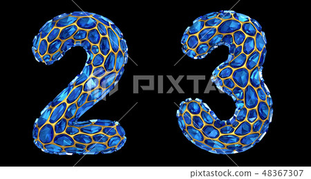 Number set 2, 3 made of 3d render diamond shards blue color. Number set 2, 3 made of 3d render diamond shards blue color. 48367307