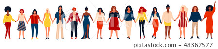 Diverse international group of happy women or girls standing together and holding hands. Diverse international group of happy women or girls standing together and holding hands. 48367577