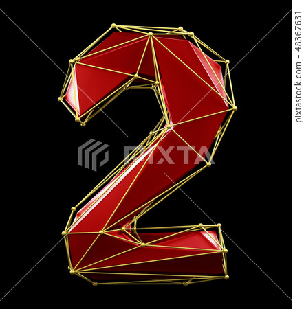 Low poly style number 2. Red and gold color isolated on black background. 3d Low poly style number 2. Red and gold color isolated on black background. 3d 48367631