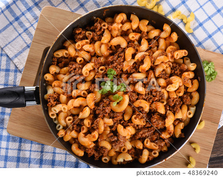 Top view. Pasta with ground beef and tomato paste 48369240
