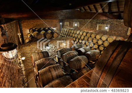 Rows of alcoholic drums in stock. Distillery. Cognac, whiskey, wine, brandy. Alcohol in barrels Rows of alcoholic drums in stock. Distillery. Cognac, whiskey, wine, brandy. Alcohol in barrels 48369823