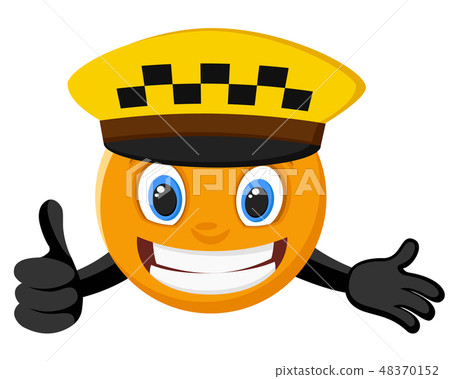 Smiley in the taxi driver's hat smiles and shows a 48370152