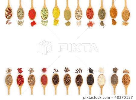 mix of spices in wooden spoon isolated on a white background with copy space for your text. Top view 48370157