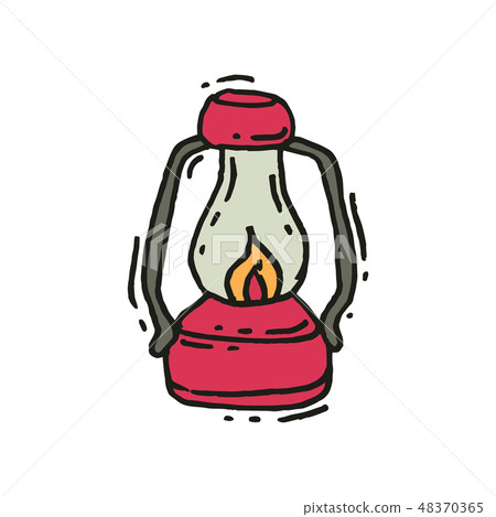 Pink vintage lantern with glowing fire wick in doodle style. Retro gas lamp. Camping equipment. Hand Pink vintage lantern with glowing fire wick in doodle style. Retro gas lamp. Camping equipment. Hand 48370365