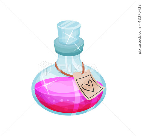 Glass bottle of love potion, label with heart. Vial with magic elixir. Bright pink liquid. Flat 48370438