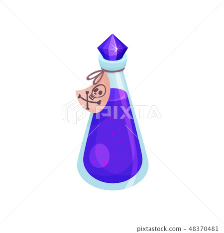 Deadly potion in glass bottle with lid and label. Toxic substance. Poisonous purple liquid. Flat Deadly potion in glass bottle with lid and label. Toxic substance. Poisonous purple liquid. Flat 48370481