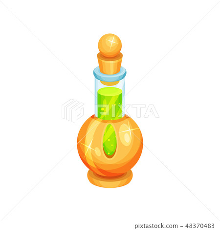 Flat vector icon of glass bottle with green potion. Magic elixir. Toxic liquid. Element for mobile Flat vector icon of glass bottle with green potion. Magic elixir. Toxic liquid. Element for mobile 48370483