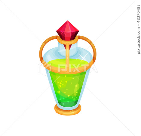 Glass bottle with magical potion. Bright green liquid in container. Magic elixir. Game icon. Cartoon Glass bottle with magical potion. Bright green liquid in container. Magic elixir. Game icon. Cartoon 48370485