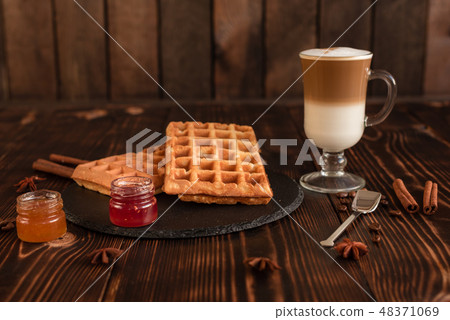 Tasty fresh Vienna wafers, jam and cup of coffee  48371069