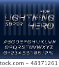 Lightning Super hero font alphabet. Silver metallic letters and numbers. 48371261