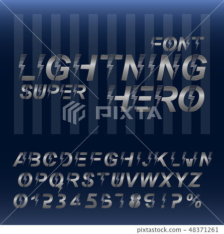 Lightning Super hero font alphabet. Silver metallic letters and numbers. 48371261