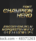 Champion Super hero font alphabet. Silver and gold metallic letters and numbers. 48371263
