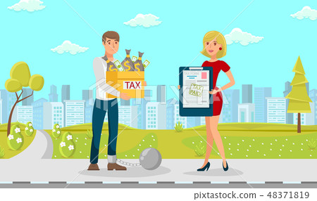 Tax Vector Guy Young Yellow Box Lot of Dollars. 48371819