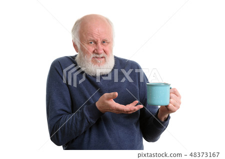 unhappy elderly man with cup of bad tea or coffee isolated on white 48373167