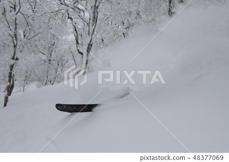 滑雪者用粉雪噴灑時滑動的滑雪者 滑雪者用粉雪噴灑時滑動的滑雪者 48377069