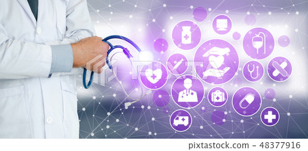 Doctor with Medical Healthcare Graphic in Hospital Doctor with Medical Healthcare Graphic in Hospital 48377916