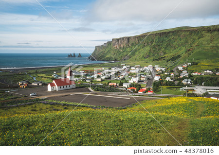 Beautiful town of Vik i Myrdal Iceland in summer. 48378016