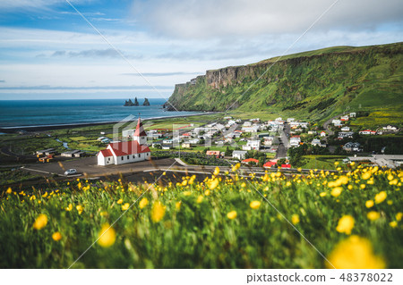 Beautiful town of Vik i Myrdal Iceland in summer. 48378022
