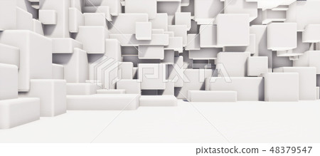 Bright and detailed panoramic landscape: geometric white stacked squares (3D CG rendering digital illustration) Bright and detailed panoramic landscape: geometric white stacked squares (3D CG rendering digital illustration) 48379547