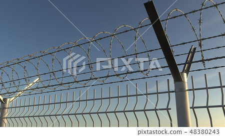 Top of barbed wire fence against sky, 3D rendering 48380243