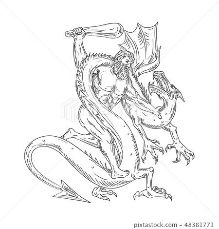 Hercules Grappling Dragon Drawing Black and White 48381771