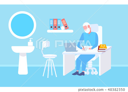senior doctor sitting at table workplace using laptop and writing prescription modern clinic office senior doctor sitting at table workplace using laptop and writing prescription modern clinic office 48382350
