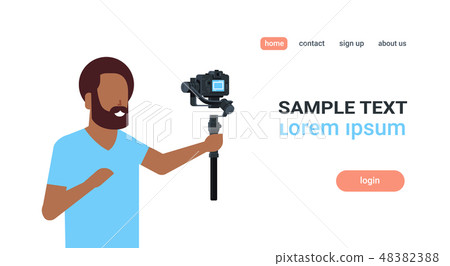 man blogger broadcasting live stream report shooting selfie video african guy recording himself 48382388