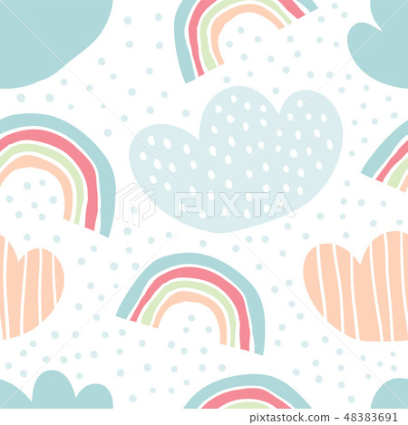 Childish seamless pattern rainbows, drops, clouds 48383691