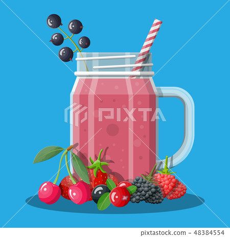 Jar with mixed berries smoothie with striped straw 48384554