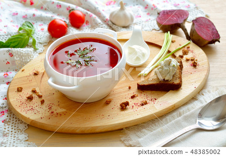 Borsch - hot beet soup with sour cream. 48385002