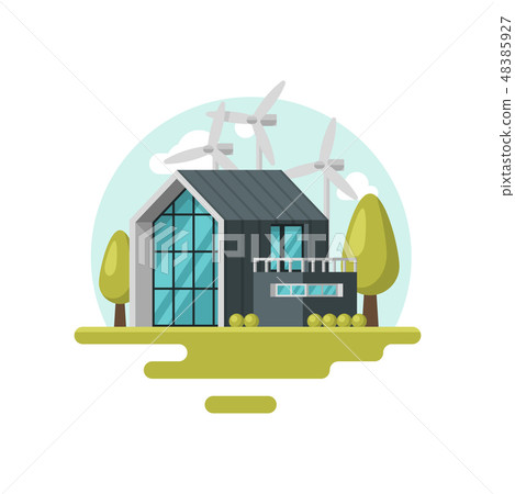 Flat vector icon with modern living house, wind turbines, green trees and bushes. Eco-friendly Flat vector icon with modern living house, wind turbines, green trees and bushes. Eco-friendly 48385927