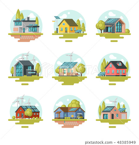 Flat vector det of modern and traditional eco-friendly houses. Residential buildings with solar 48385949