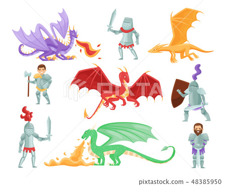 Flat vector set of armored knights and large dragons. Mythical monsters. Brave warriors. Cartoon Flat vector set of armored knights and large dragons. Mythical monsters. Brave warriors. Cartoon 48385950