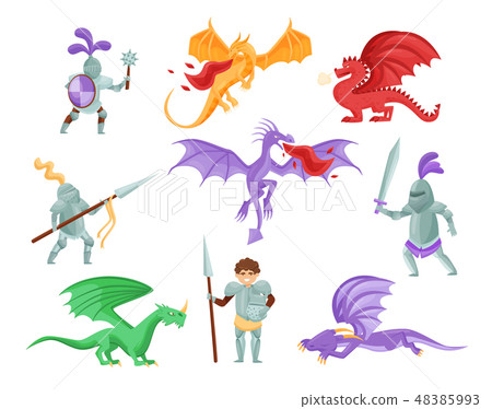 Flat vector set of dragons and medieval... - Stock Illustration ...