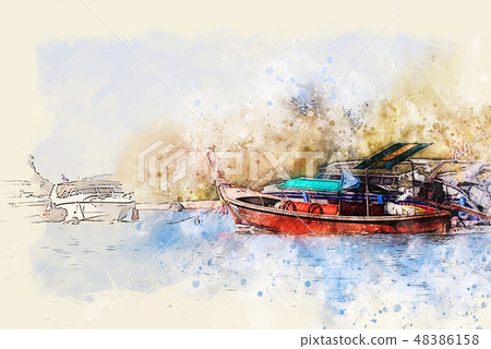 fishing boat on sea watercolor illustration paint fishing boat on sea watercolor illustration paint 48386158