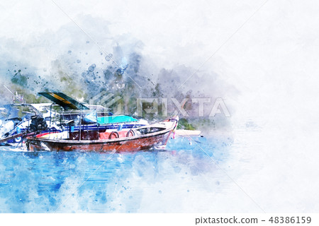 fishing boat on sea watercolor illustration paint fishing boat on sea watercolor illustration paint 48386159