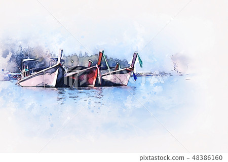 fishing boat on sea watercolor illustration paint fishing boat on sea watercolor illustration paint 48386160