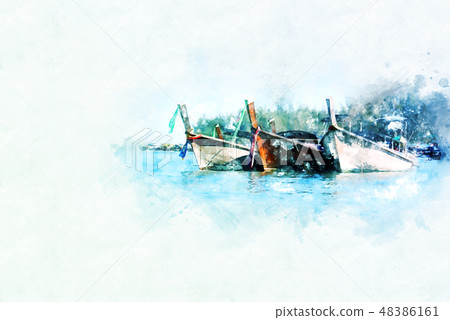 fishing boat on sea watercolor illustration paint fishing boat on sea watercolor illustration paint 48386161