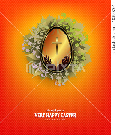 Orange bright textural composition with the silhouette of an egg with a cross with a gold border in Orange bright textural composition with the silhouette of an egg with a cross with a gold border in 48390264