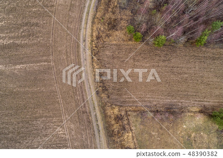 spring, the plowed field, forest, view from the drone spring, the plowed field, forest, view from the drone 48390382
